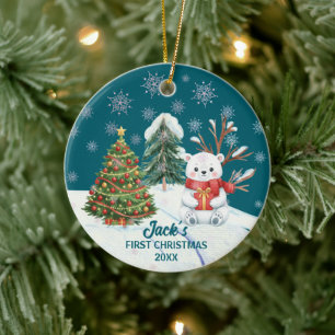 Teddy Bear Snow Trees First Christmas Ceramic Ornament