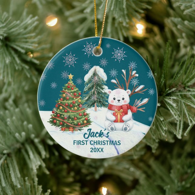 Teddy Bear Snow Trees First Christmas Ceramic Ornament (Tree)