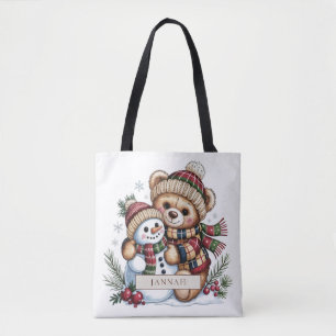 Teddy Bear Snowman Hug Plaid Christmas Name Tote Bag