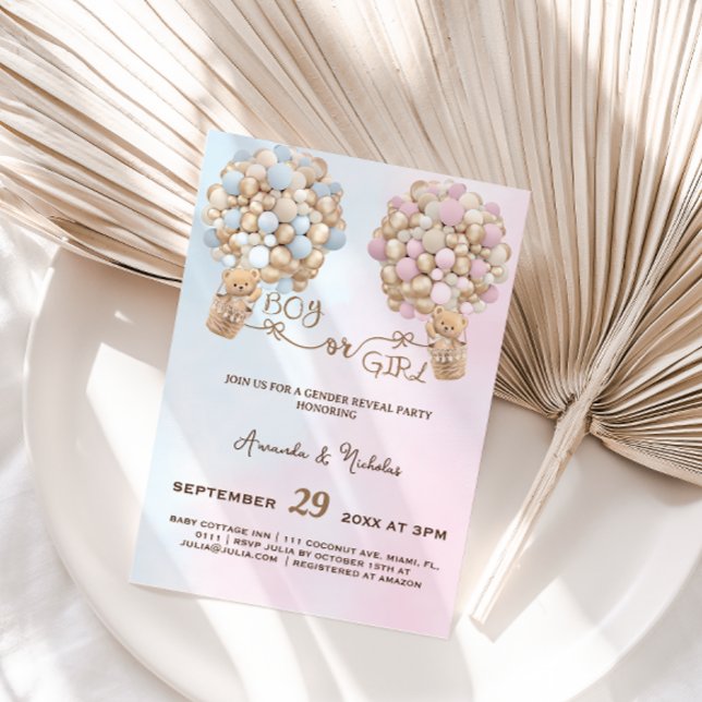 Teddy Bear Soft Pink & Blue Balloons Gender Reveal Invitation (Creator Uploaded)