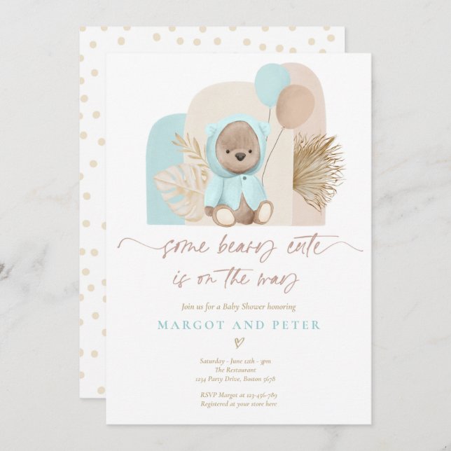 Teddy Bear Some Beary Cute Boho Baby Shower  Invitation (Front/Back)