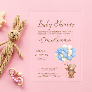 Teddy Bear Spanish Baby Shower Balloons Acrylic Invitations