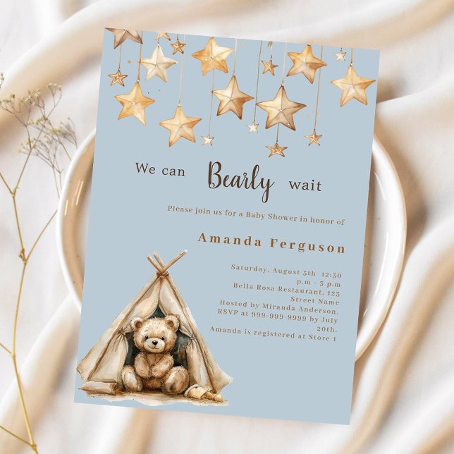 Teddy bear star blue budget Baby Shower invitation (Creator Uploaded)