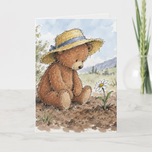 Teddy Bear Staring at a Growing Daisy Card