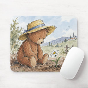 Teddy Bear Staring at a Growing Daisy Mouse Pad