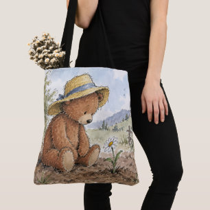 Teddy Bear Staring at a Growing Daisy Tote Bag