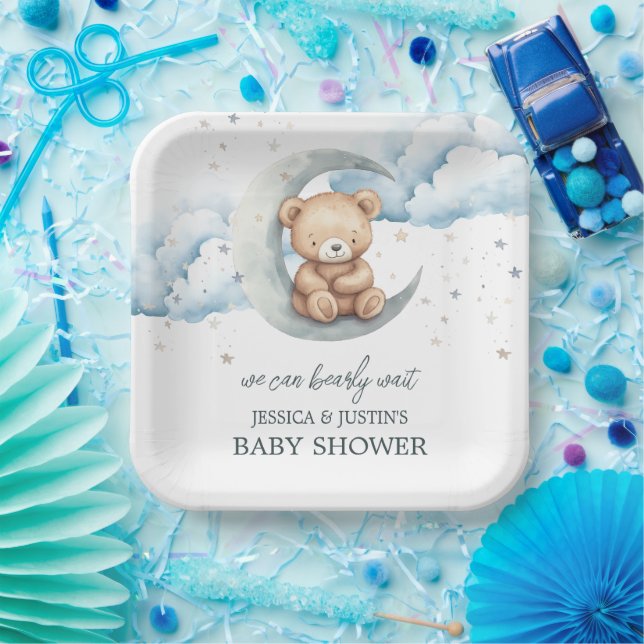 Teddy Bear Stars and Moon Baby Shower Paper Plate (Party)