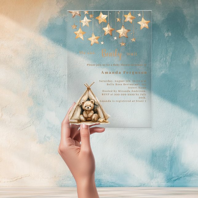 Teddy bear stars tent boho clear Baby Shower Acrylic Invitations (Creator Uploaded)