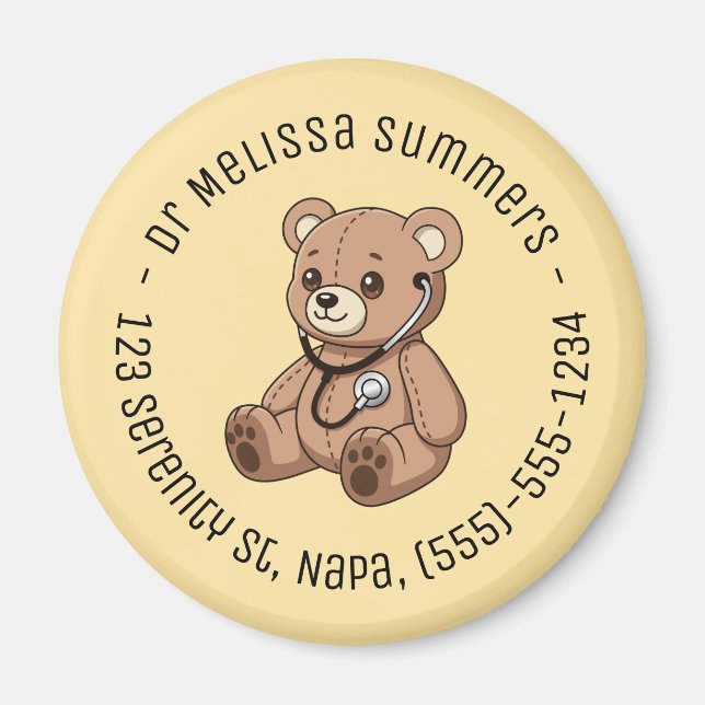 Teddy Bear Stethoscope Doctor Round Text Yellow Magnet (Front)