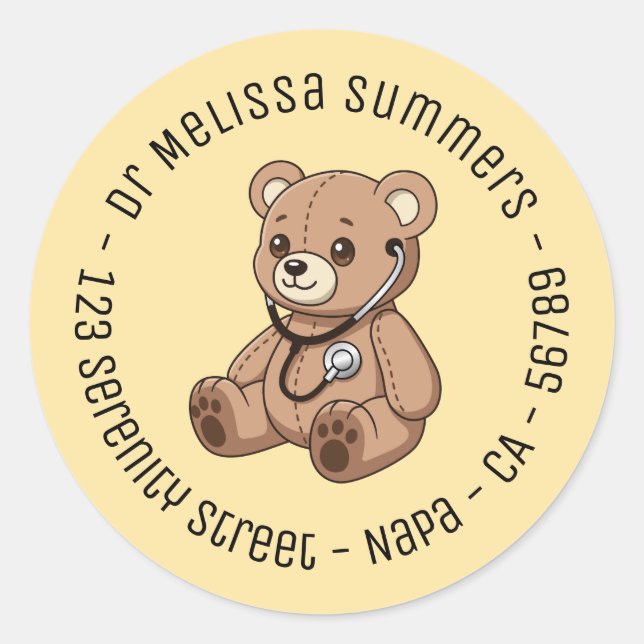 Teddy Bear Stethoscope Round Text Yellow Classic Round Sticker (Front)