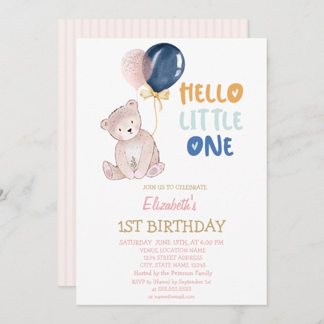 Teddy Bear Striped Hello Little One Birthday  Invitation (Front/Back)
