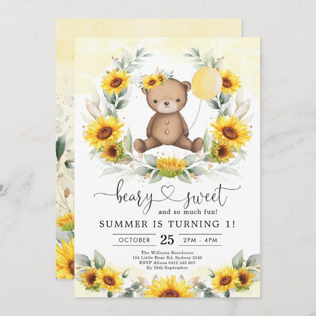 Teddy Bear Summer Sunflower Greenery Birthday Girl Invitation (Front/Back)