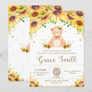 Teddy Bear Sunflower Floral Baby Shower Girl  Invi Invitation