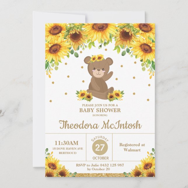 Teddy Bear Sunflower Floral Baby Shower Girl Invitation (Front)