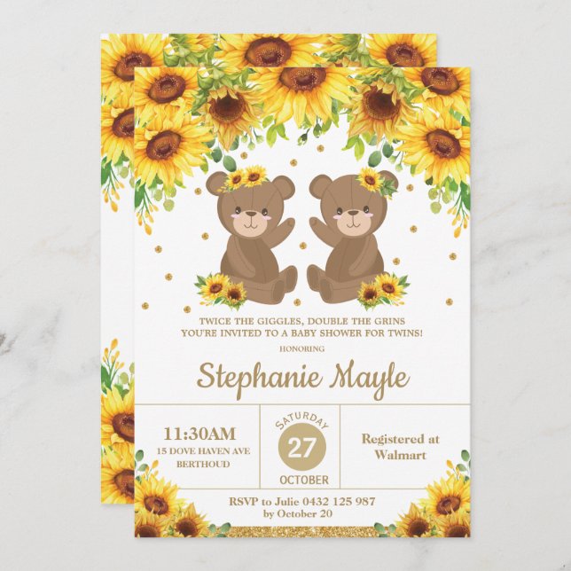 Teddy Bear Sunflower Floral Baby Shower Twin Girls Invitation (Front/Back)