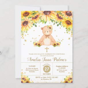 Teddy Bear Sunflower Floral Christening Baptism  Invitation