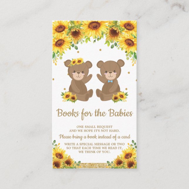 Teddy Bear Sunflower Twins Boy Girl Bring a Book Enclosure Card (Front)