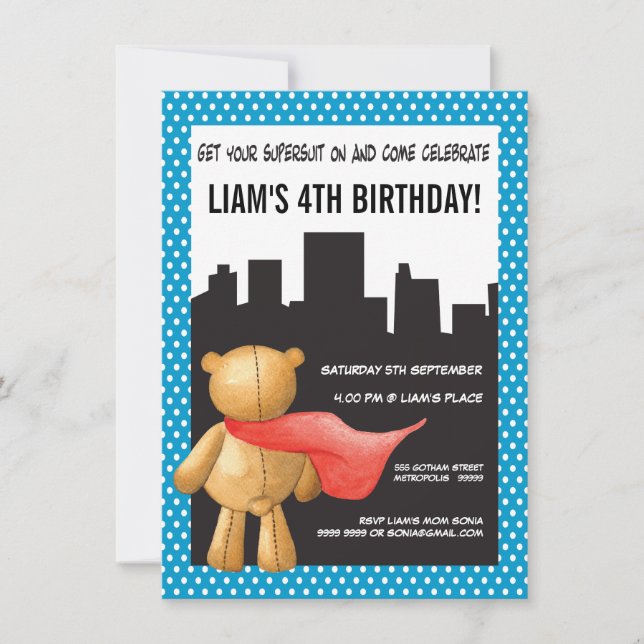 Teddy Bear Super Hero Boys Birthday Party Invite (Front)