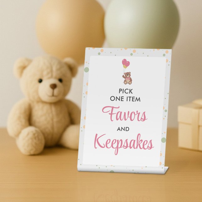 Teddy Bear Sweet Pink Baby Shower Favours Pedestal Pedestal Sign (Creator Uploaded)