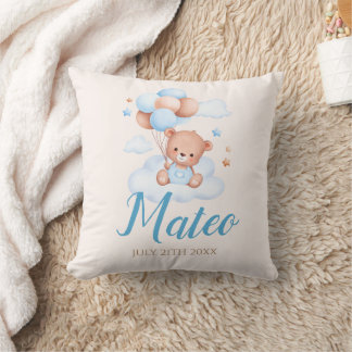 Teddy Bear Tan and Blue Baby Boy Shower Party Gift Cushion