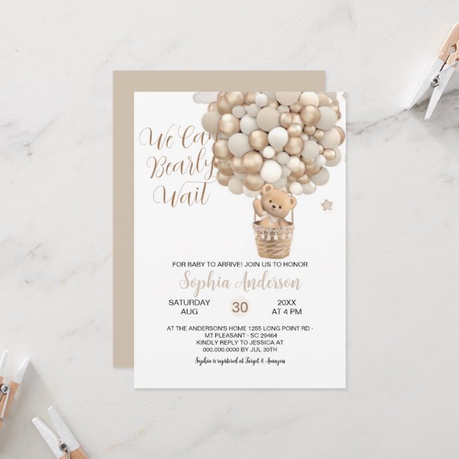 Teddy Bear Tan Balloons Gender Neutral Baby Shower Invitation (Front/Back In Situ)