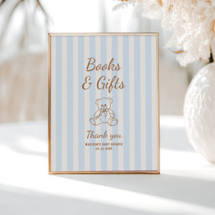 Teddy Bear Tan Blue Stripes Baby Shower Poster