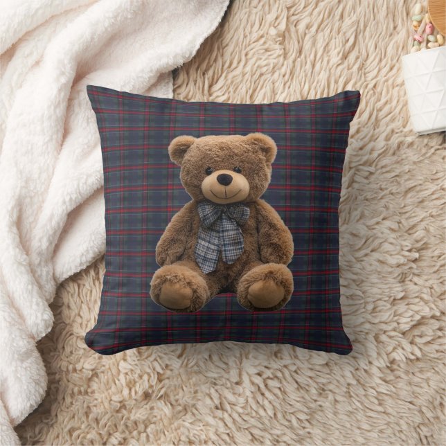 Teddy Bear Tartan Monogram Birth Stats Newborn Boy Cushion (Blanket)