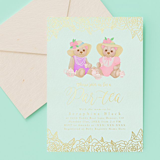Teddy Bear Tea Party Mint Gold Baby Shower Foil In (Creator Uploaded)
