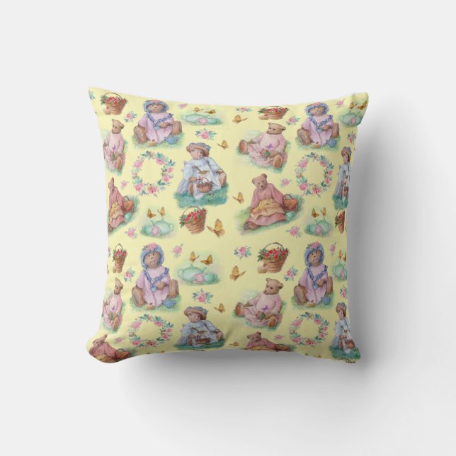 Teddy Bear Tea Time Vintage Pastels Cushion (Front)