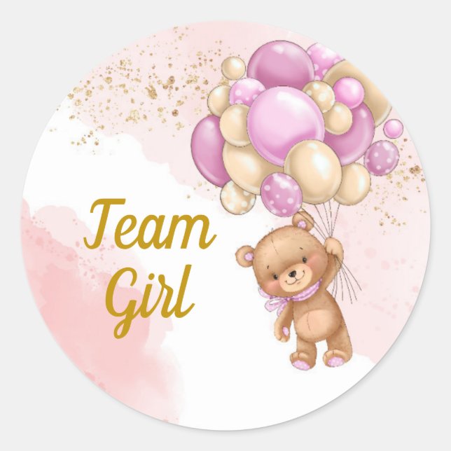 Teddy Bear Team Girl Gender Reveal Party  Classic Round Sticker (Front)