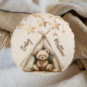 Teddy bear teepee beige brown stars boho nursery round cushion