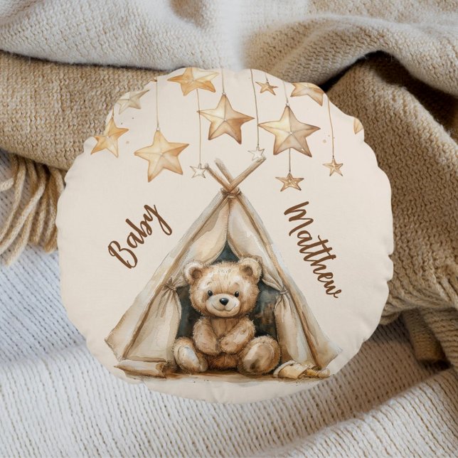 Teddy bear teepee beige brown stars boho nursery round cushion (Creator Uploaded)