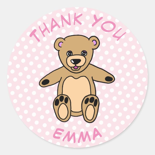 Teddy Bear Thank You Name Dots Pink Classic Round Sticker (Front)