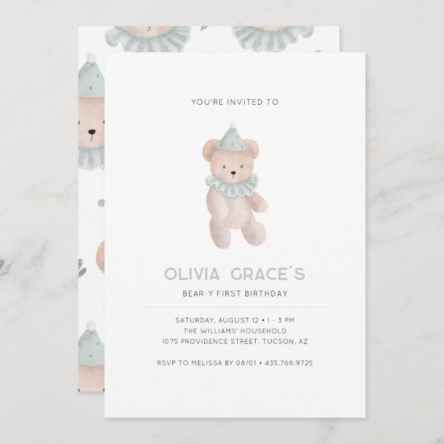 Teddy Bear Theme First Birthday Invitation (Front/Back)