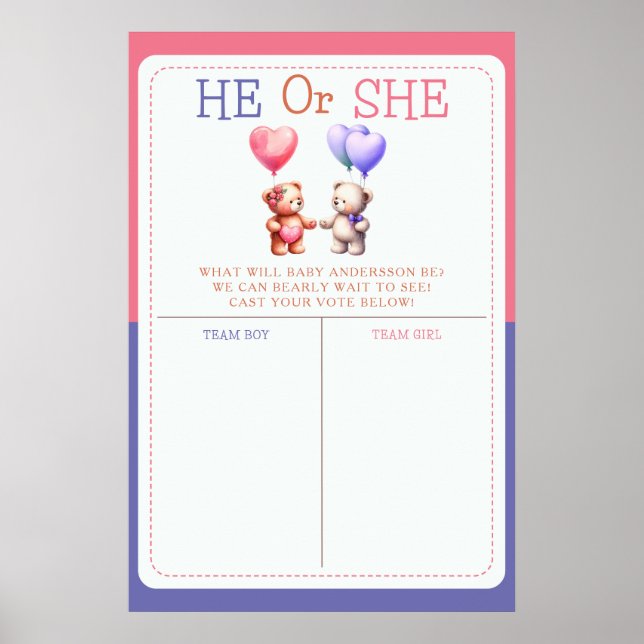 Teddy Bear Theme Gender Reveal Voting Sign (Front)