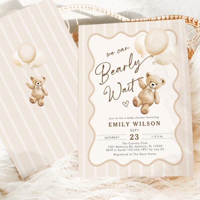 Teddy Bear Theme We Can Bearly Wait Baby Shower Invitation (Creator Uploaded)