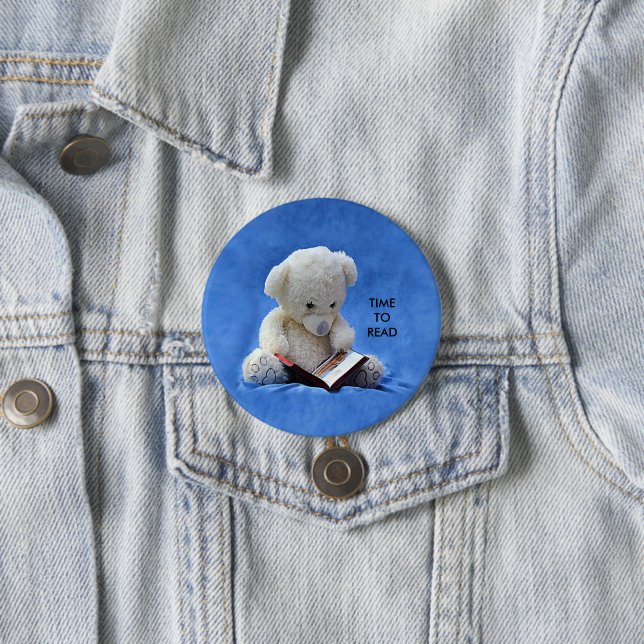 Teddy Bear Time to Read Blue Stuffed Animal, ZKOA 7.5 Cm Round Badge (In Situ)