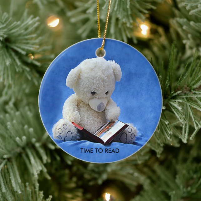 Teddy Bear Time to Read Blue Stuffed Animal, ZKOA Ceramic Ornament (Tree)