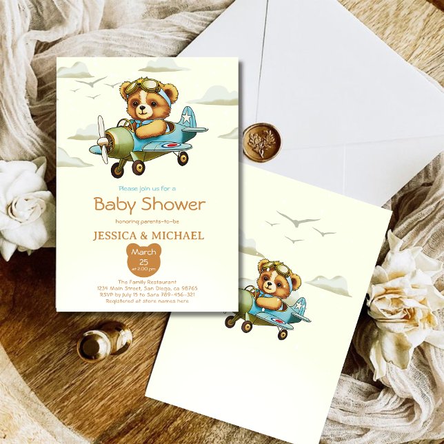 Teddy Bear Tiny Pilot Aeroplane Baby Shower Invitation (Teddy Bear Tiny Pilot Airplane Baby Shower Invitation)