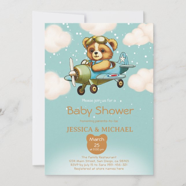 Teddy Bear Tiny Pilot Aeroplane Baby Shower Invitation (Front)