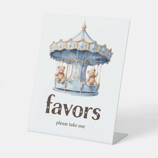 Teddy Bear Twin Boy Baby Shower Favours Pedestal Sign (Front)