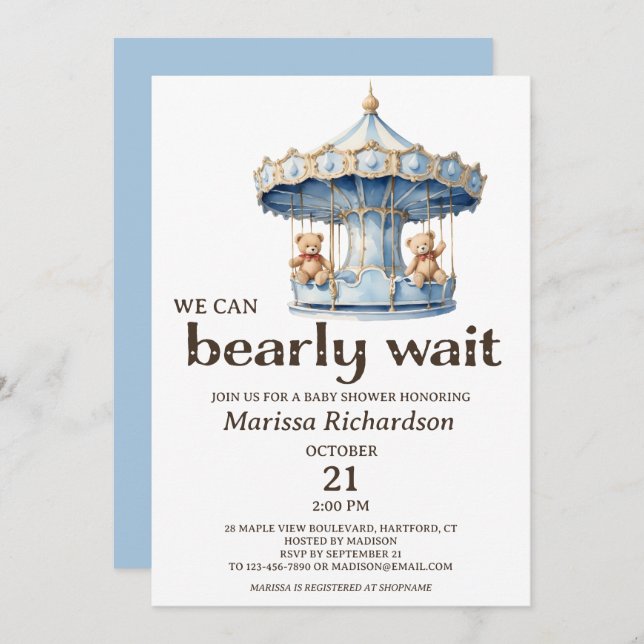 Teddy Bear Twin Boys Baby Shower Invitation (Front/Back)