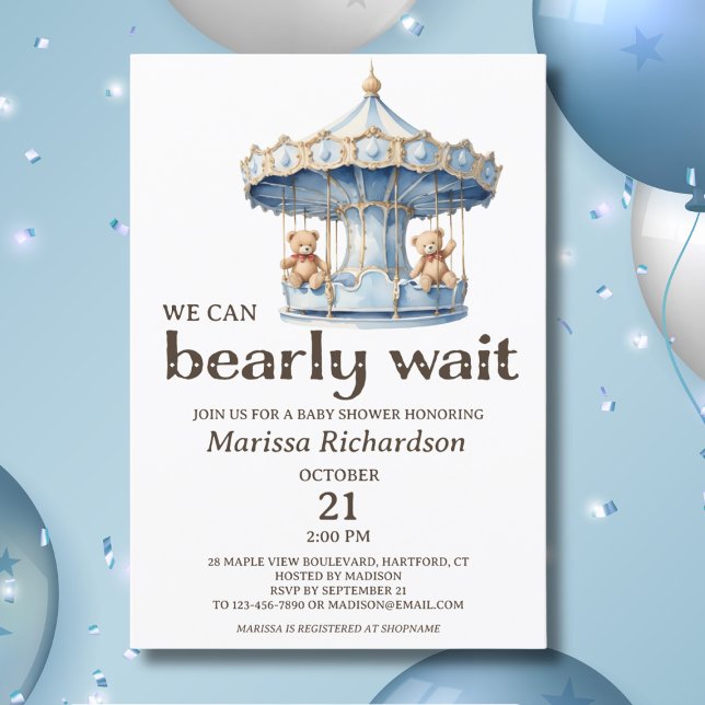 Teddy Bear Twin Boys Baby Shower Invitation (blue teddy bear we can bearly wait twin boys baby shower invitation, custom baby shower invites)