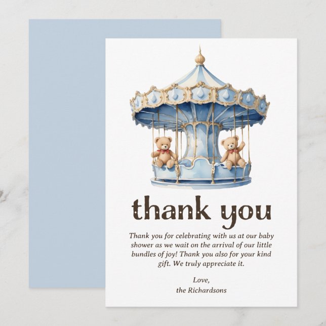 Teddy Bear Twin Boys Baby Shower Thank You Card (Front/Back)