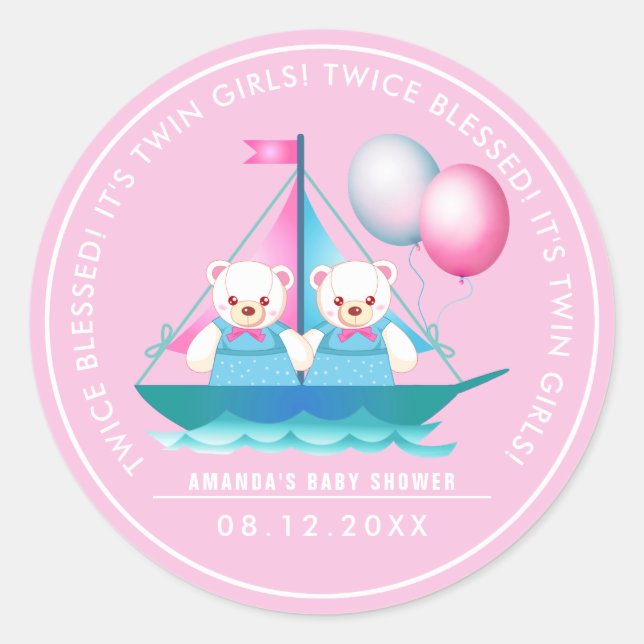 Teddy Bear | Twin Girl Baby Shower  Classic Round Sticker (Front)