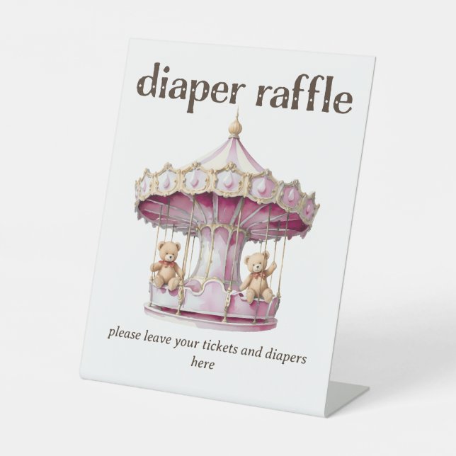 Teddy Bear Twin Girl Baby Shower Diaper Raffle Pedestal Sign (Front)