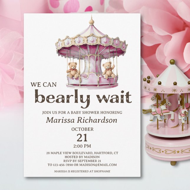 Teddy Bear Twin Girls Baby Shower Invitation (cute pink teddy bear we can bearly wait invitation for twin girls baby shower, custom invite)