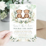 Teddy Bear Twins Baby Shower Greenery Gold Balloon Invitation<br><div class="desc">This elegant baby shower invitation features a pair of cute teddy bears holding a heart-shaped balloon framed with a beautiful watercolor greenery wreath</div>