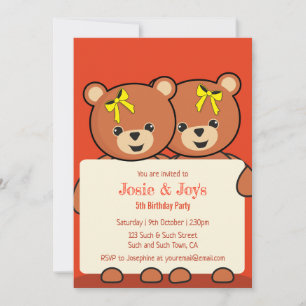 Teddy Bear Twins or Siblings Birthday Party  Invit Invitation