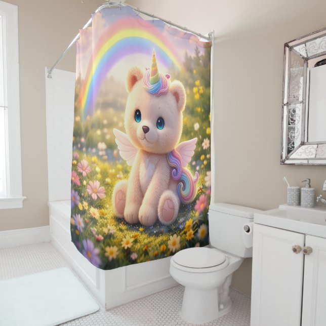 Teddy bear unicorn luxury shower curtain (In Situ)